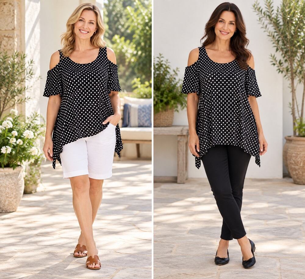 Karen Kane Polka Dot Cold Shoulder Sharkbite Tunic Top Black White L EUC
